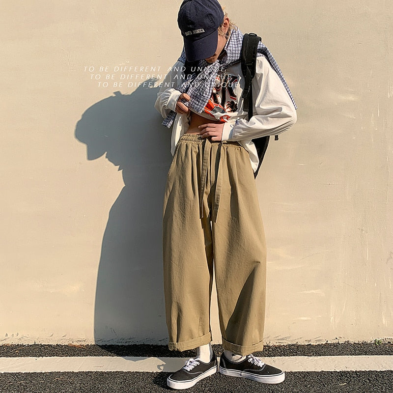 Bonsir Cotton Casual Pants Men Fashion Solid Color Drawstring Wide Leg Pants Men Streetwear Loose Hip Hop Straight Pants Mens Trousers