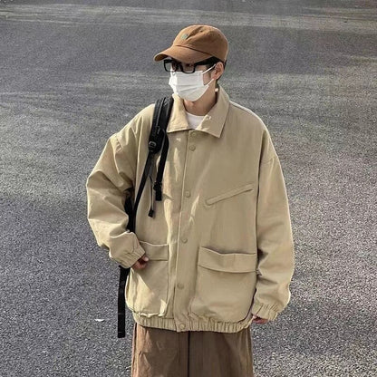 sanyamk Men's Japanese Vintage Lapel Collar Cargo Jackets Work Clothes Harajuku Loose Casual Coats Solid Color Outerwear M-2XL