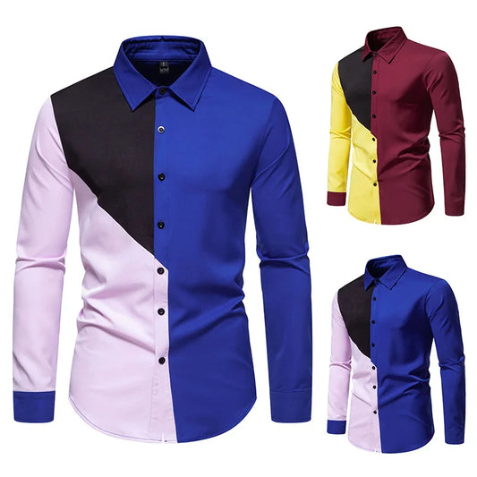 sanyamk  -  Autumn Foreign Trade New Men's Polo Collar Colored Long Sleeved Shirt European Casual Splicing Large Men's Shirt