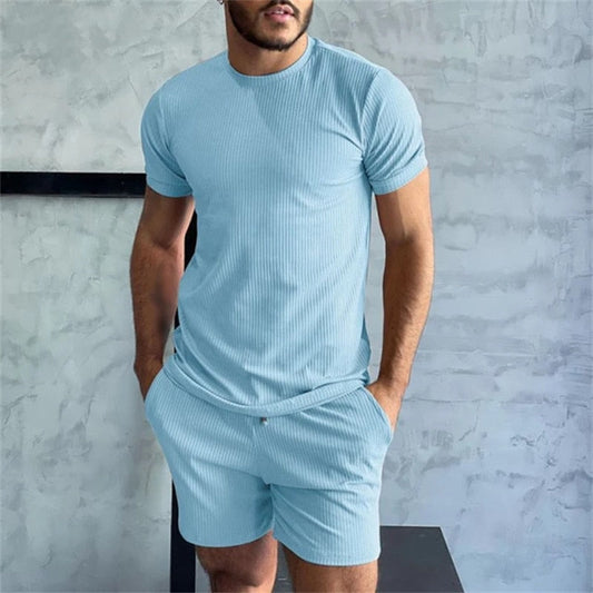 sanyamk Spring Summer Solid Color Casual Ribbed Two Piece Set Men Fashion Short Sleeve O Neck T-shirt And Shorts Suits Mens Clothes