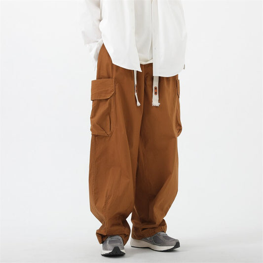 sanyamk Mens Casual Vintage Cargo Pants Autumn New Big Pocket Oversized Straight Pants Neutral Drawstring Work Trousers Joggers Male 2XL