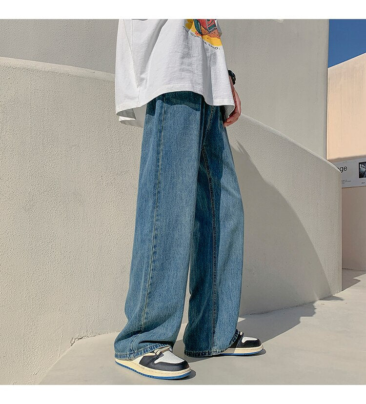 sanyamk Summer New Straight Casual Jeans Men Fashion Solid Loose Jean Pants Neutral Streetwear All-match Mopping Wide-leg Trousers