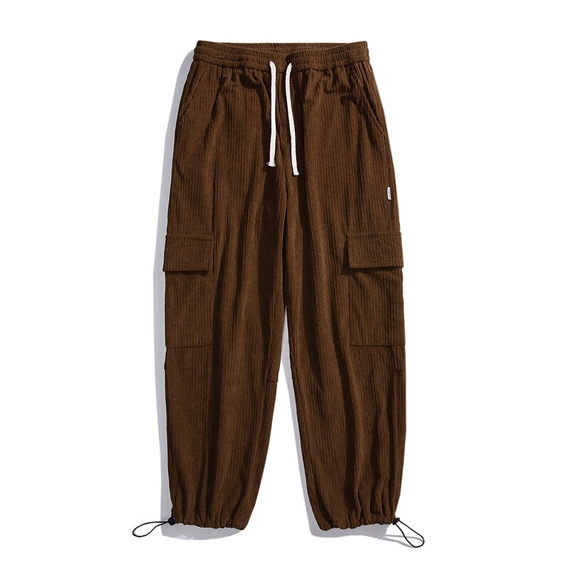 Bonsir Men's Corduroy Cargo Pants Autumn Winter Loose Straight-leg Fashion Male Trousers Drawstring Harajuku Streetwear