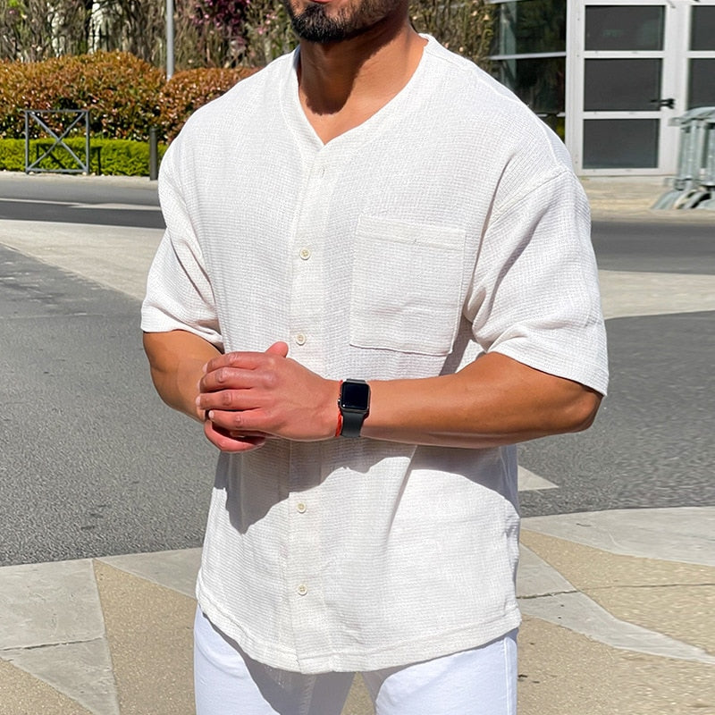 Bonsir Casual Loose Men Cotton Linen Shirts Summer Short Sleeve Buttoned V Neck Solid Color Tops Men's Clothes Fashion Shirt Streetwear