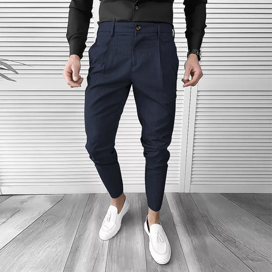 sanyamk  -  Pure Color Slim Stretch Trousers Men Spring Fall Vintage Pencil Pants Men's Streetwear Trendy Suit Trousers Mens Clothes