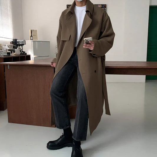 sanyamk Trench Men Coat British Style Solid Double Breasted Oversize Leisure Long Coats Stylish Outwear Hombre Korean Style Windbreaker