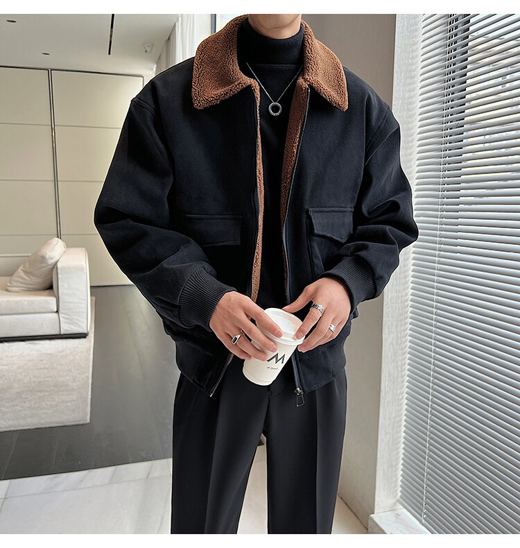 sanyamk Winter Men Lamb Fur Inner Fashion Loose Casual Vintage Short Cargo Jacket Male Japan Korean Streetwear Coat Outerwear