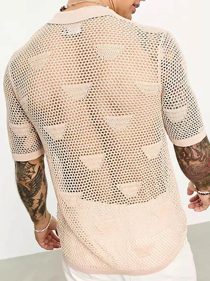 sanyamk Hollow Out Patchwork Mesh Male Clothes Streetwear Loose Casual Men Short Sleeve Top Spring Summer Single Breasted Khaki Shirts