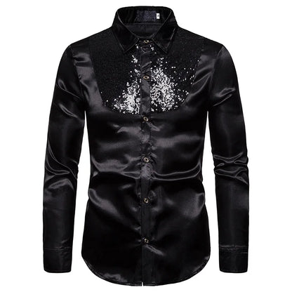 sanyamk Men's Shirt Sequin Lapel Solid Color Slim Fitting Business Casual For Wedding Banquet Performance Men Suit Long Sleeved Shirt