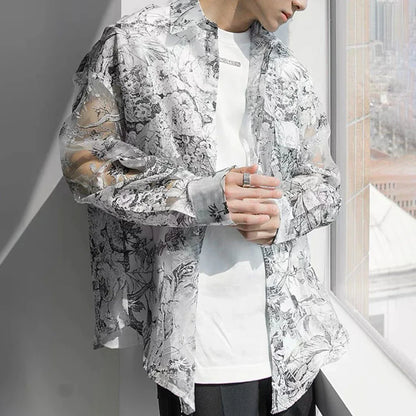 Bonsir Shirts Men Fashion Mesh Floral Shirt Harajuku Gothic Top Long Sleeve Korean Loose Street Sun-proof Summer Holiday Casual Clothes