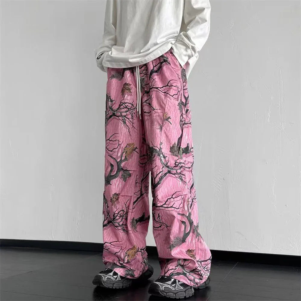 sanyamk Mens Y2k Tree Branch Graffiti Casual Pants 2024 New Genderless Fashion Loose Street Individuality Wide Leg Cargo Pants Unisex