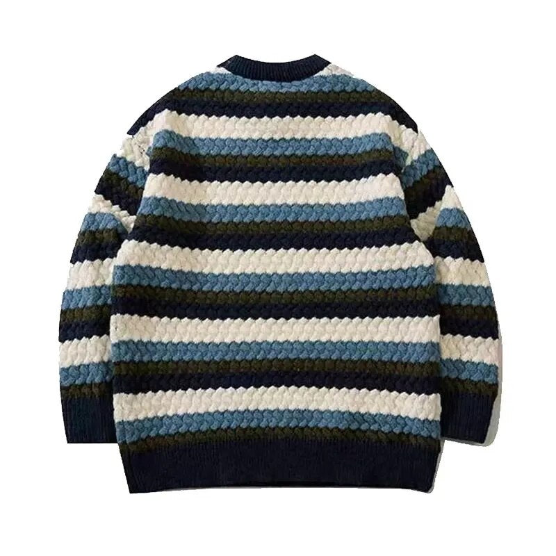 sanyamk Rainbow Twist Striped Sweater Men Women Teen Vintage Autumn Winter New Round Neck Couple Knit Sweater Trend