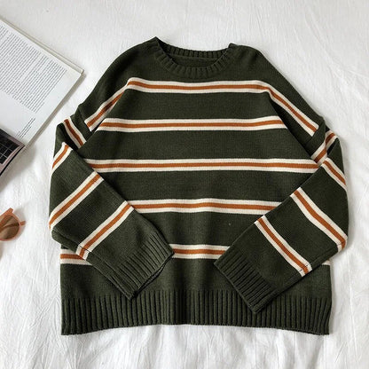 Bonsir Vintage Stripe Sweaters Women Loose Oversize Korean Style Pullover Top Autumn Winter Long Sleeve  Knitted Sweater Femme
