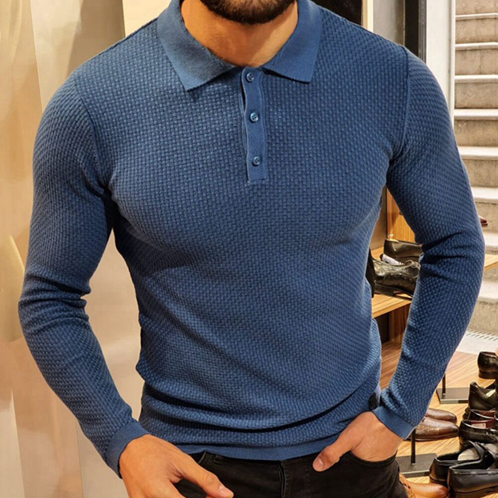 Bonsir Fashion Clothes Men's Solid Color Knit Long Sleeve Polo Shirt Slim Lapel Button Cardigan Breathable Fall Polo Shirt