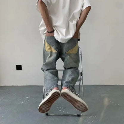 sanyamk Lazy Style Men Jeans Korean Hip Hop Patchwork Oversized Straight Jean Pants Streetwear All-match Denim Pants Light blue jeans