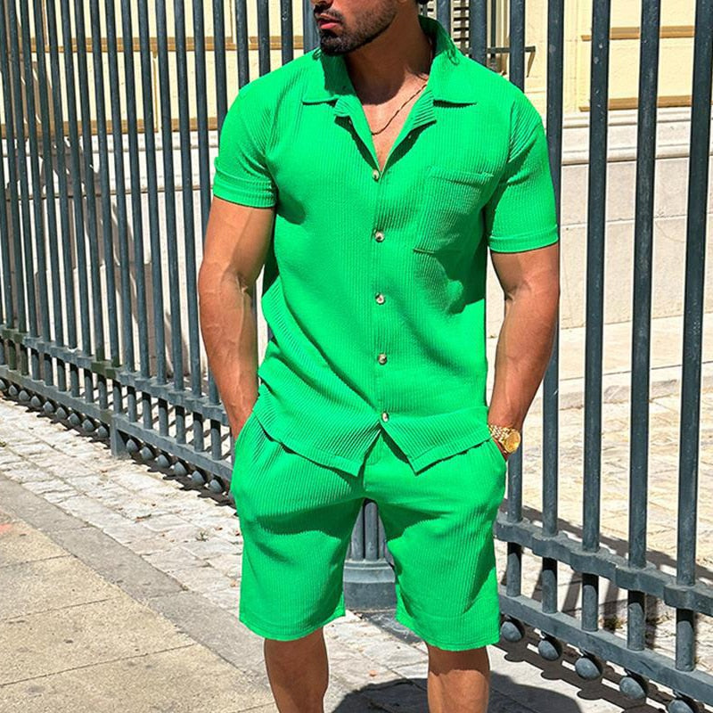 Bonsir Pure Color Two Piece Mens 2023 Summer New Streetwear Sets Short Sleeve Lapel Buttoned Shirt And Casual Shorts Suits Men Clothing