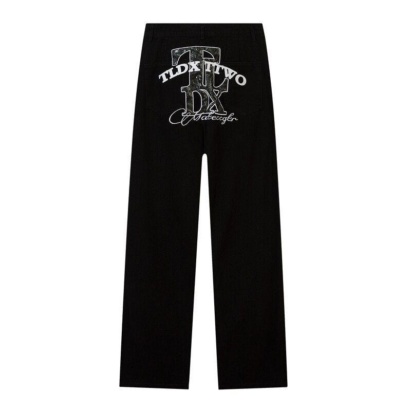 Bonsir High Street Letter Embroidery White Black Straight Jeans Pants for Male and Female Retro Harajuku Baggy Casual Denim Trousers