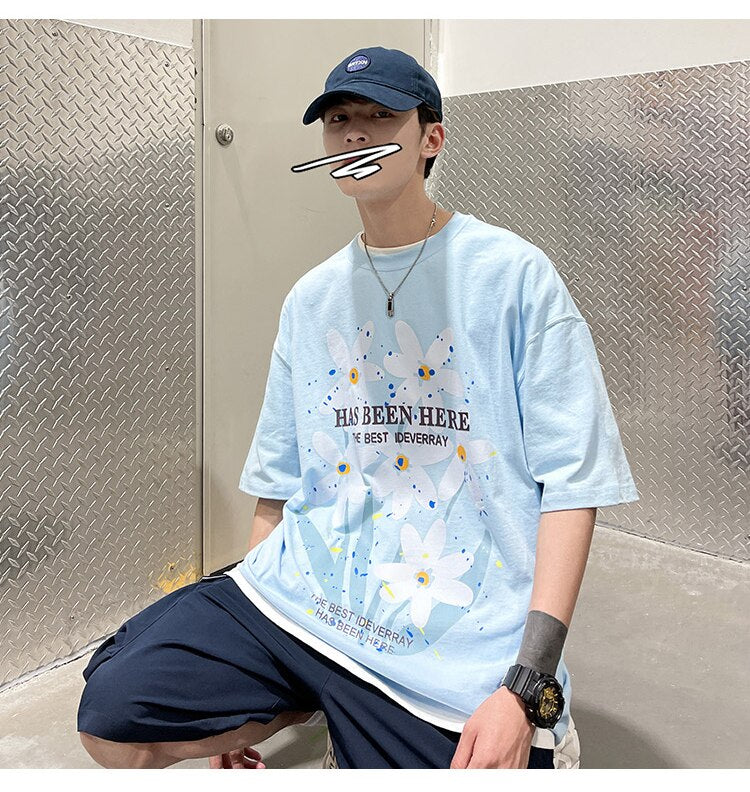 Bonsir Letter Flowers Print Summer Men Clothing Fashion Casual Harajuku Short Sleeve Tshirt XL 2XL Oversized Teenagers Streetwear