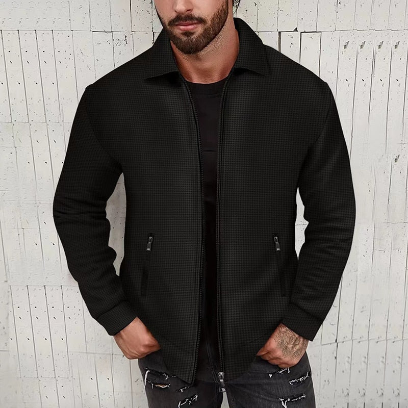 Bonsir Streetwear Zip Coats For Men Clothing Vintage Lapel Collar Solid Jackets Fashion Men Waffle Jacket Autumn Classic Outerwear