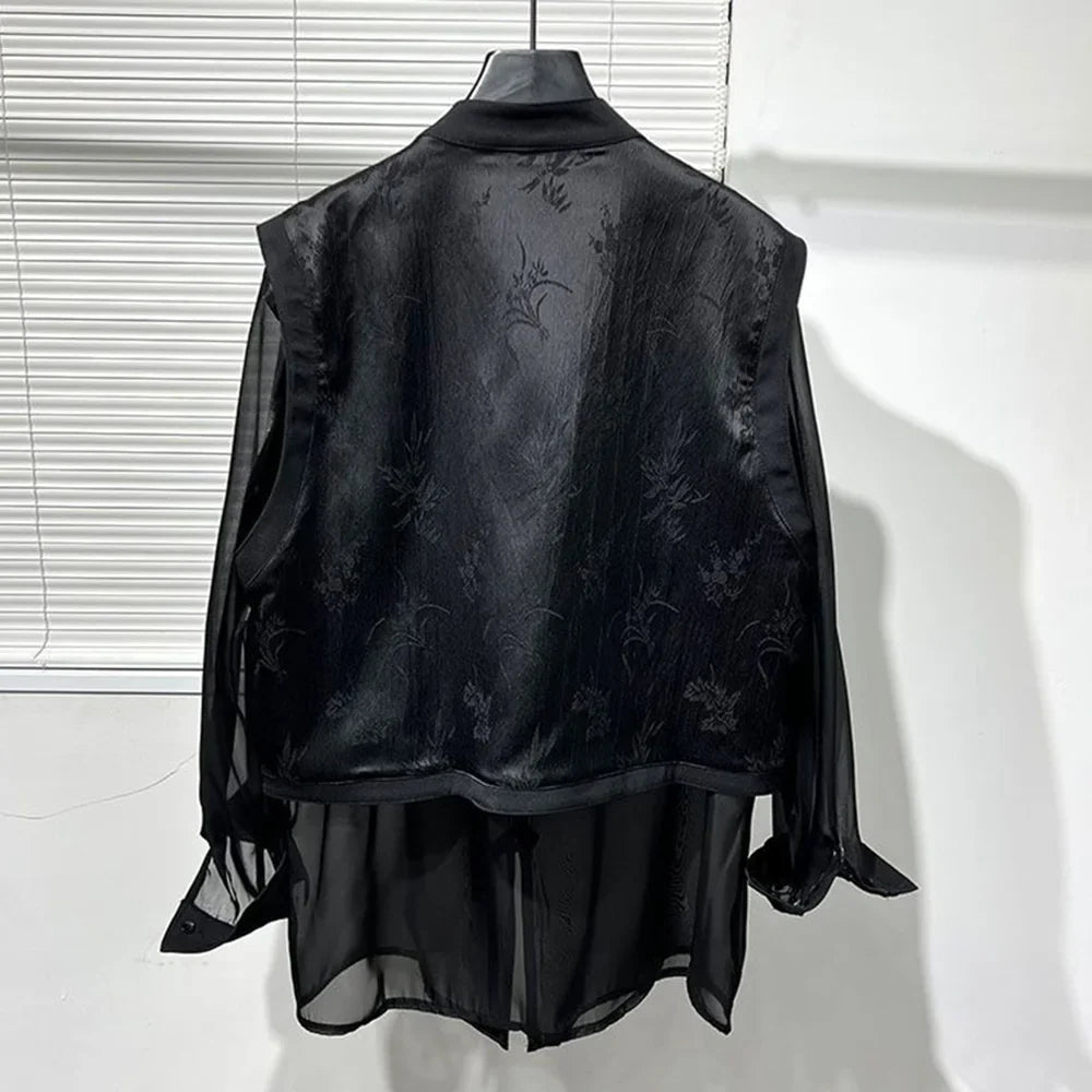 Bonsir Summer Dark Shirt Men Fashion Fake Two Piece Vest Stitching See Through Shirts Trendy Streetwear Long Sleeve Stand Collar Blouse