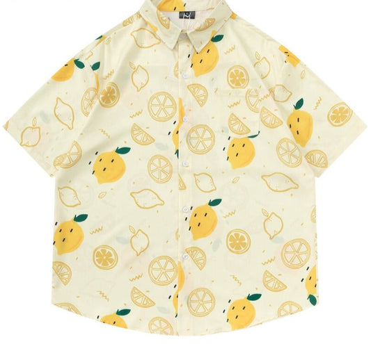 Fruit Lemon Print Summer Hawaiian Shirt Men Women Harajuku Vintage Loose Y2K Short Sleeve Aloha Shirt Korean Style Clothes