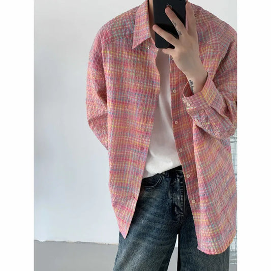 sanyamk Autumn Long Sleeved Shirt Men Fashion Color Plaid Shirt Men Streetwear Korean Loose Casual Shirt Mens Oversized Vintage Shirts