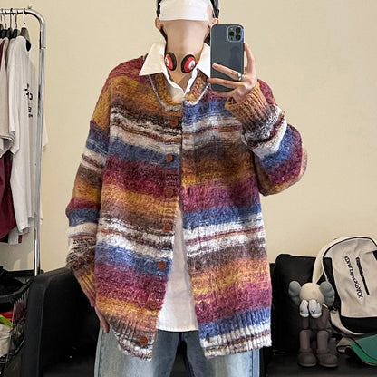 sanyamk New Retro Striped Tie-dye Contrast Color Knitted Sweater Couple Sweater Cardigan winter Trend Korean style Loose Men's Coat