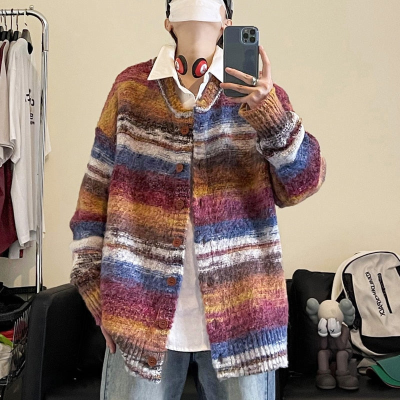 sanyamk New Retro Striped Tie-dye Contrast Color Knitted Sweater Couple Sweater Cardigan winter Trend Korean style Loose Men's Coat