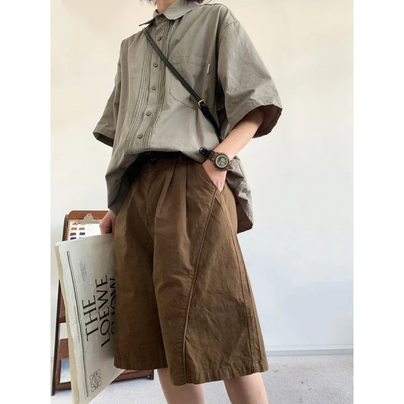 sanyamk 2024 Summer College Casual Set Mens New Simplicity Solid Short Sleeved Shirt+Wide Leg Shorts Suit Japanese Harajuku 2-pcs