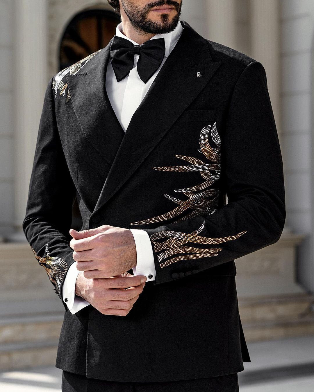 sanyamk Black Handsome Business Men Suits With Beads Handmade Two Pieces Jacket Pants Custom Made Designer Wedding Formal Occasion