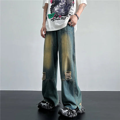 sanyamk Men's Hip Hop Ripped Hole Jeans Korean Handsome Casual Pants High Street Straight Loose Wide Leg Jeans Vintage Blue Baggy Jeans