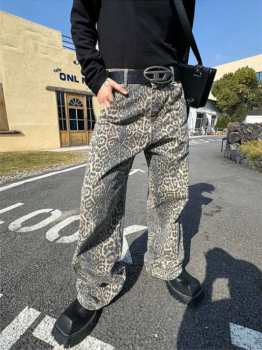 sanyamk Leopard Jeans for Men Denim Pants Male Oversize Wide Leg Trousers Streetwear Hip Hop Vintage Animal Print Loose Casual