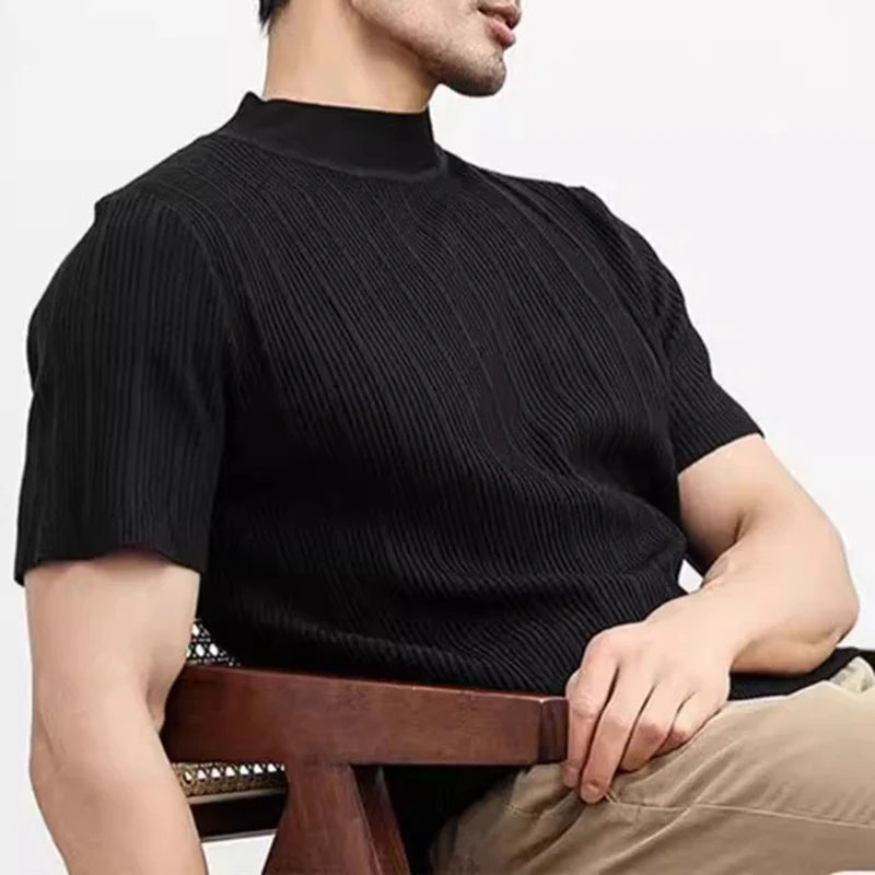 sanyamk 2024 Spring Summer Casual Knit T Shirts For Men Solid Color Short-sleeved Slim Jumper Tops Mens Knitwear Fashion Mock Neck Tees