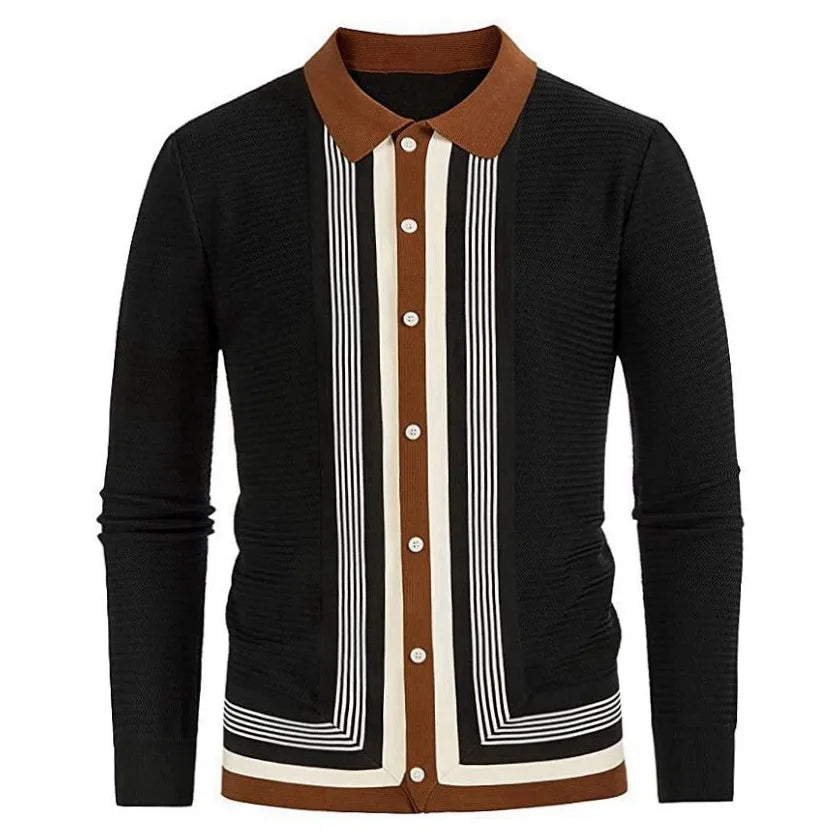 sanyamk Stripe Knit Polo Shirt Spring Autumn Men Long sleeved lapel Knitwear Ice Cool Silk Fabric Business Polos Cardigan Sweater Male