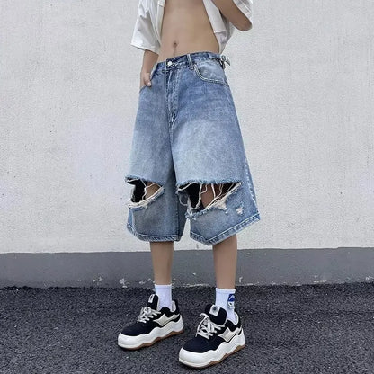 sanyamk Denim Shorts Men Hole Summer Gradient Color American Style High Street Students All-match Daily Breathable Fashion Trousers Chic