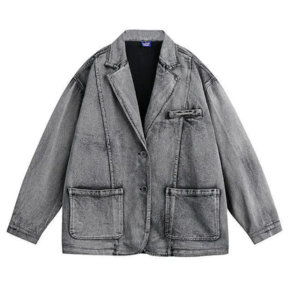 sanyamk Suit Jacket Mens Japanese Fashion Trend Retro Washed Denim Jacket Autumn New Casual Niche Distressed Suit Collar Jacket Top