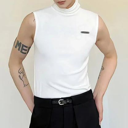 Bonsir Summer Unique Temperament High Collar Sleeveless Vest Mens Slim Solid Color Top Casual Street Genderless Sleeveless T-Shirt