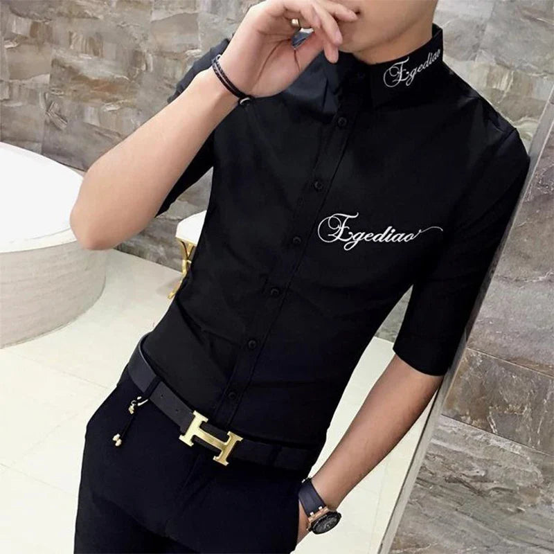 sanyamk Summer New Polo-neck Embroidery Casual Shirt Male 3/4 Sleeve Korean Fashion Buttons Blouse Hombre All-match Cardigan Tops Men