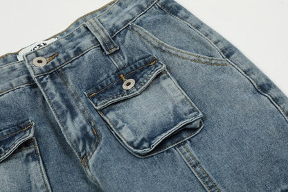 sanyamk High Street Washed Pockets Retro Jeans Pants for Men Straight Distressed Casual Baggy Denim Trousers Loose Hip Hop Cargos