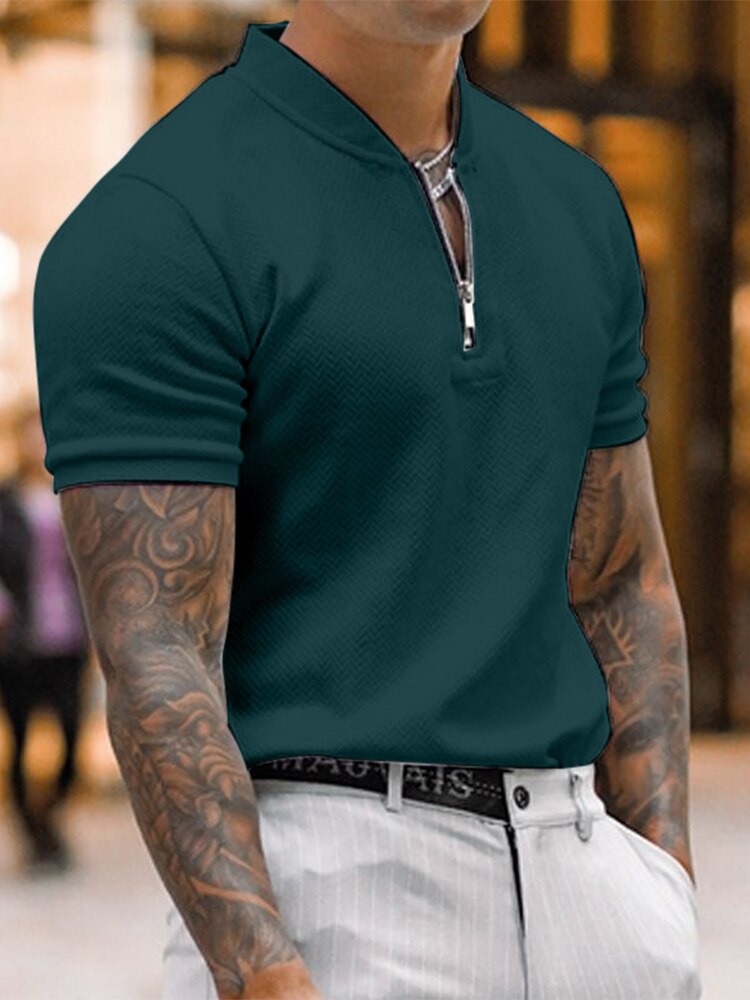 sanyamk Summer Short Sleeve Knitted Solid Polo Shirts Men Fashion Zippers Turn-down Collar Pullover Tops Casual Mens Clothes Slim Polos