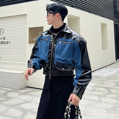 sanyamk 2024 Spring New Fashion Denim Leather Splicing Design Elegant Short Jacket Men's High Quality Korean Handsome Coat