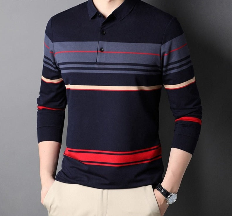 sanyamk Top Grade New Fashion Designer Brand Simple Mens Polo Shirt Trendy With Long Sleave Stripped Casual Tops Men Clothes