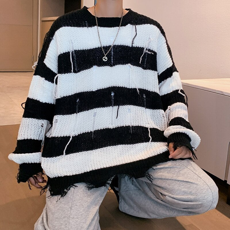 sanyamk Black and white striped sweater Japanese retro men's oversize high street hole knitted sweater couple autumn clothes