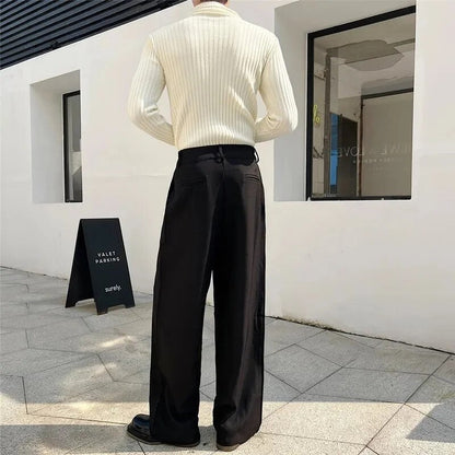 sanyamk Men Metal Button Loose Casual Wide Leg Suit Pants Net Celebrity Male Straight Fashion Vintage Floor Trouser Stage Clothing