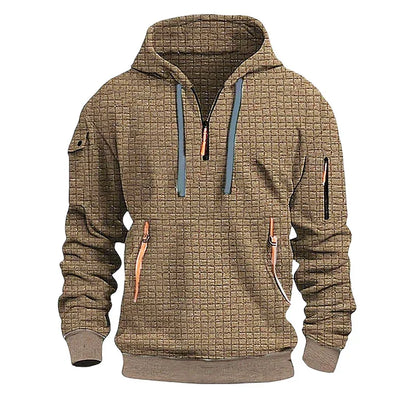 sanyamk  -  New Casual Mens Waffle Plaid Hoodies Spring Fall Fashion Patchwork Pockets Zipper Hooded Sweatshirts For Men Sports Hoodie Tops