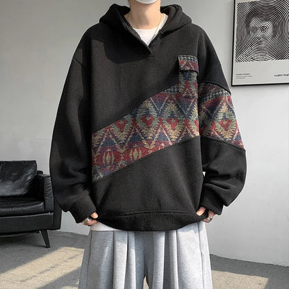 sanyamk  -  Korean Style Patchwork Men's Hoodie Contrast Color Pockets Casual Warm Male Fleece Sweatshirts  2024 Autumn Winter 9C8850