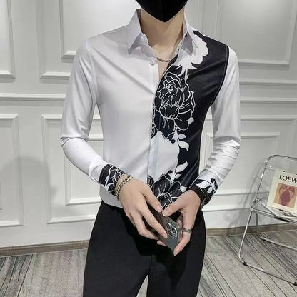 sanyamk Spring Autumn Korean Fashion Contrast Color Loose Casual Shirt Hombre Long Sleeve Printed Patchwork Blouse Male Buttons Tops Men