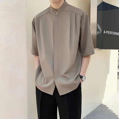 sanyamk Round Neck Temperament Man Simplicity Shirts Solid Color Short Sleeve Handsome Button Korean Fashion Casual Men's Clothing