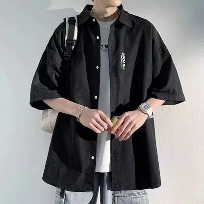 sanyamk Men's Clothing 2024 Summer Trendy Print Short Sleeve Oversized Button Down Shirt Youth Korean Casual Streetwear Hip Hop Y2K Tops