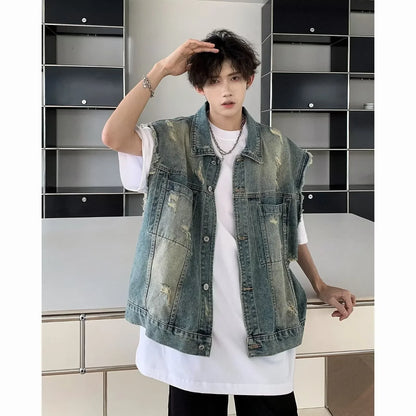 sanyamk American Style Vintage Denim Vest Shorts Suit Men's Loose-fit Streetwear Summer Tank Top Sleeveless Jacket For Men